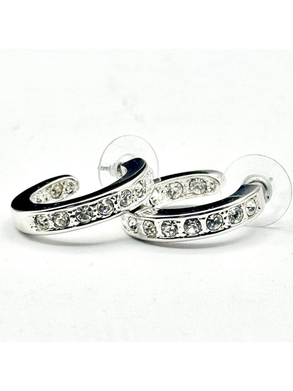 Channel Set Crystal Hoop Earrings Pierced Silver Tone Rhinestone Rhodium Plated - Picture 5 of 9